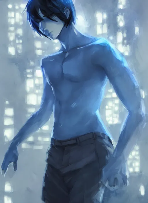 Prompt: handsome young man with short black hair, male, dressed in blue, looking down, half body shot, arms down, path traced, highly detailed, high quality, digital painting, posuka demizu