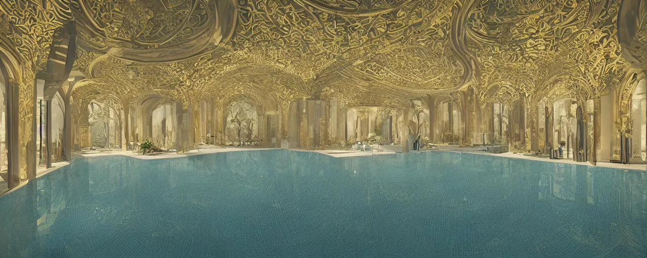 Prompt: interior of a double height hyper luxury spa with everything made of gold, candles, beige stone marble floor, wellness relaxation pool, intricate hieroglyph detailed roof, contemporary design, sacred geometry, 8 k, hyperrealistic, photorealism, windows with view to wadi al disah mountains