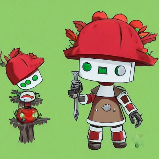 Prompt: cute little robot with tomato hat with a leaf, and sword with chive shape, made in abyss style, standing on a forest