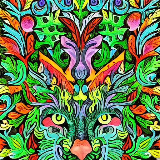 Image similar to colourful ornate decorative green man as a cat face by louis wain and william morris, closeup, twisting leaves, abstract psychedelic, 8 k, artstation