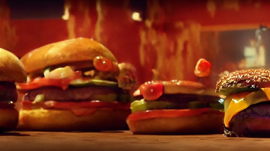 Prompt: the strange cheeseburger creature at the fast food place, film still from the movie directed by denis villeneuve and david cronenberg with art direction by salvador dali and zdzisław beksinski, wide lens