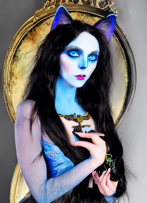 Image similar to a beautiful witch with long dark hair, large blue eyes and a very cat like eye make - up holding a wand with a very large magical gemstone at the top radiating energy.