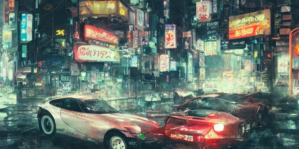 Prompt: tokyo porche 9 1 1 origami neon signs raining, cyberpunk, hyperrealistic, highly detailed, art station greg rutkowski