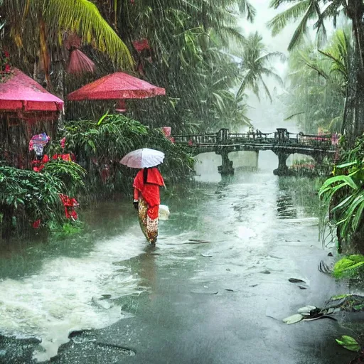 Prompt: monsoon on tropical island, ornate, beautiful, atmosphere, vibe, mist, coconuts, rain, wet, pristine, puddles, melting, dripping, snow, creek, lush, ice, bridge, forest, roses, flowers, by stanley artgerm lau, greg rutkowski, thomas kindkade, alphonse mucha, loish, norman rockwell