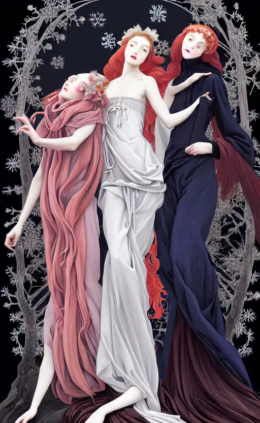 Prompt: 3 Figures as Winter Spirits, style is a blend of Peter Chung, Botticelli, and John Singer Sargent, inspired by pre-raphaelite paintings, shoujo manga, and Japanese city street fashion, dark and moody colors, hyper detailed, super fine inking lines, 4K extremely photorealistic digital art