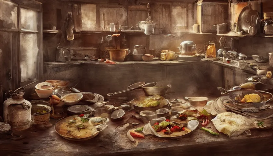 Image similar to babouchka cooking in old 1 9 0 0's wooden kitchen, pan and plates, hyperdetailed, artstation, cgsociety, 8 k