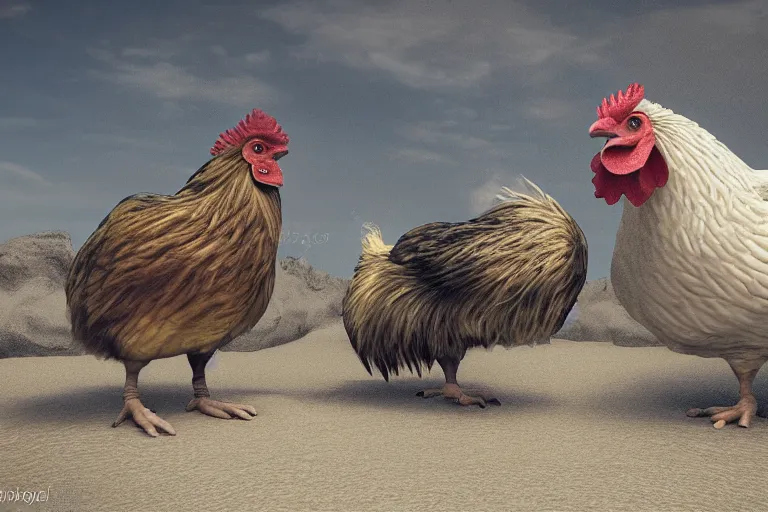 Prompt: photo, old men, two hairy fat ugly fight huge chickens 4 0 1 2 7 on a beach, highly detailed, scary, intricate details, volumetric lighting, front view