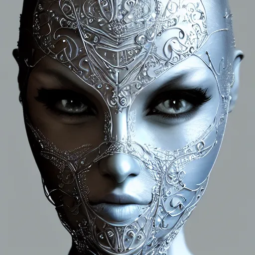 Prompt: female android, face masked with filigree, elegant, intricate, highly detailed, filigree, steel, phthalo blue, trending on artstation, smooth, digital painting, sharp focus