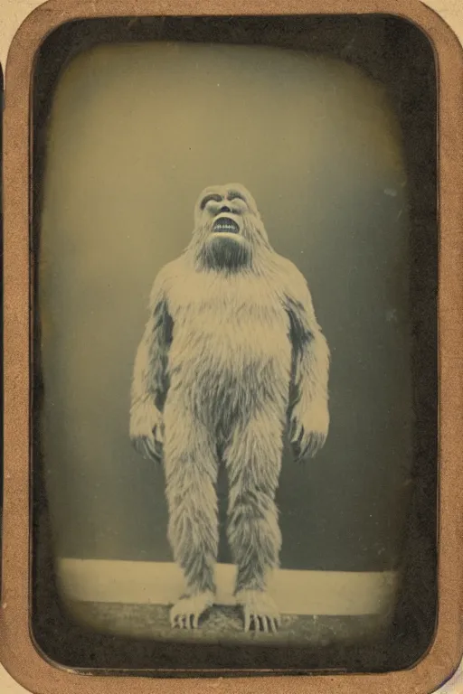 Prompt: a tintype photograph of bigfoot