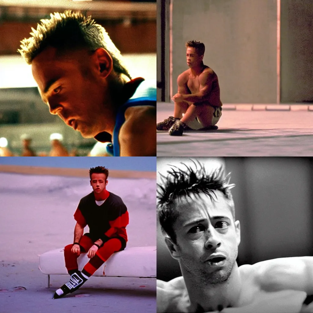 Prompt: Tyler Durden from Fightclub(1999) as a Hockeyplayer, sitting in a sunbed at the beach, cinematic lighting, cinematic composition