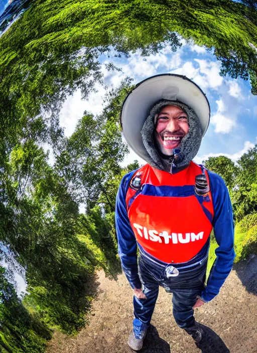 Prompt: kfum worker smiling and giving a thums up out doors. fisheye lens