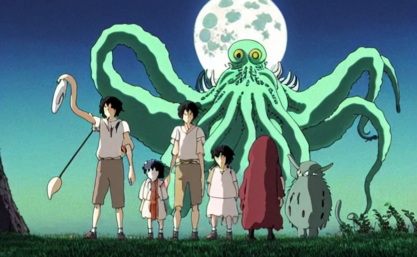 Prompt: a still from a studio ghibli movie of a cartoon cthulhu and friends from princess mononoke ( 1 9 9 7 ), in front of a pale full moon, full body, wide shot, very dull muted colors, studio ghibli, highly detailed, deviantart, art by artgem