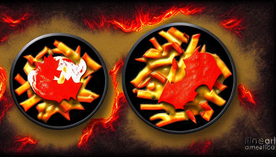 Prompt: poutine ( the canadian meal ) from mount doom, volcano texture, lava texture, fire texture, digital art, studio mir