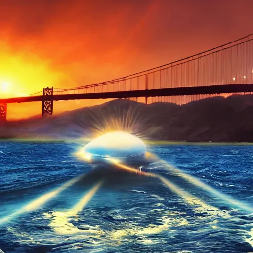 Prompt: a space ship emerging from beneath the San Francisco Bay, Golden Gate Bridge in background, epic VFX shot, water splashing, cinematic lighting, golden hour