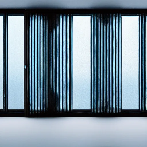 Image similar to an ultra high definition photo of room with a window with corrugated iridescent Perspex panes