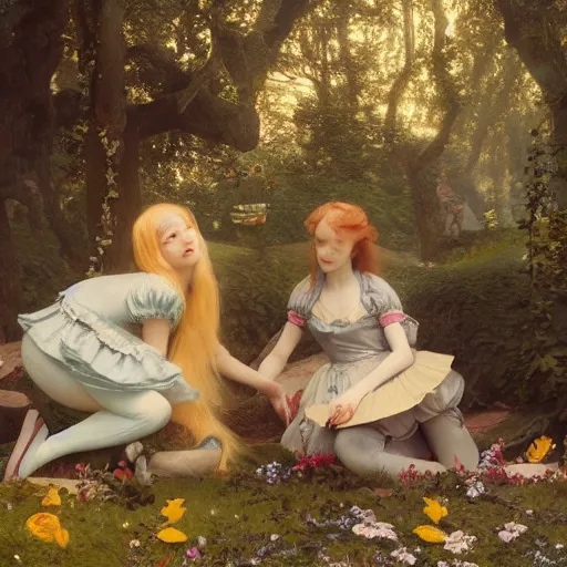 Image similar to Alice in wonderland, masterpiece by Edgar Maxence and Ross Tran and Michael Whelan, gustav dore, 8k, octane render