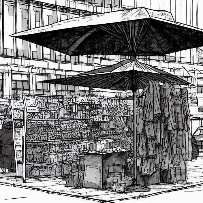 Prompt: close view of a market stall. folded umbrellas on the stall. set in a square. background of an old soviet monument. storyboard, scifi cyberpunk. by gabriel hardman, joe alves, chris bonura. cinematic atmosphere, detailed and intricate, perfect anatomy