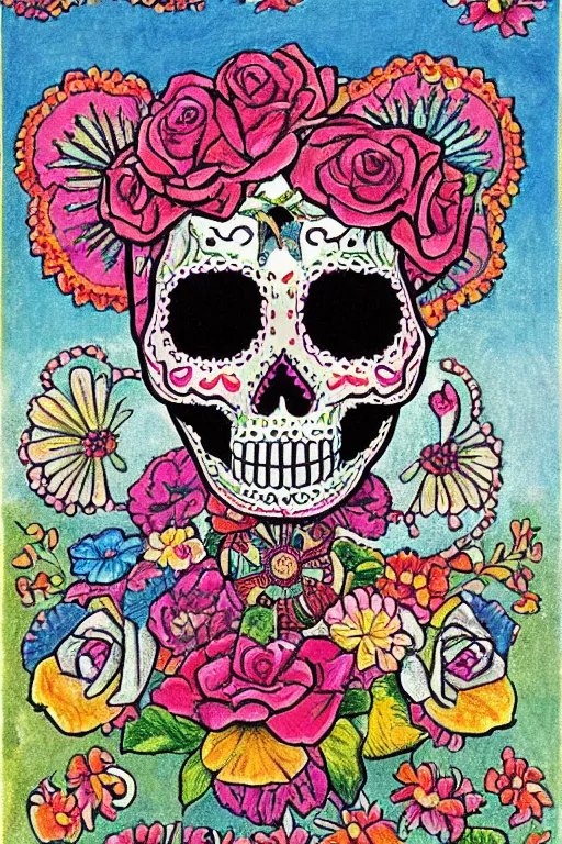 Image similar to Illustration of a sugar skull day of the dead girl, art by henry moret