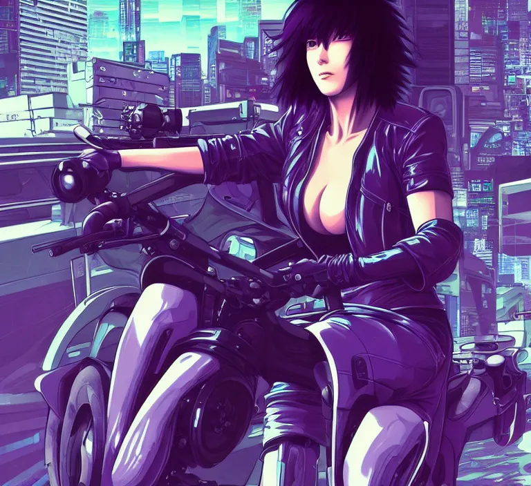 Image similar to motoko kusanagi riding a cyberpunk vehicle in a grungy cyberpunk megacity, bosozoku gang war, cyberpunk vaporwave, artgerm, sola digital arts, anti aliasing, raytracing