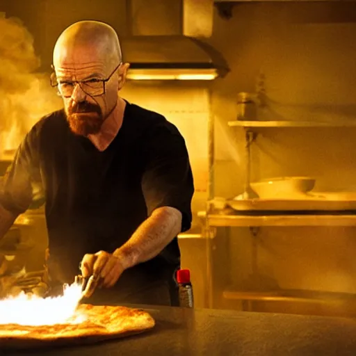 Prompt: Walter White making pizza in the desert, dramatic lighting, blowtorch, still from breaking bad (2010)