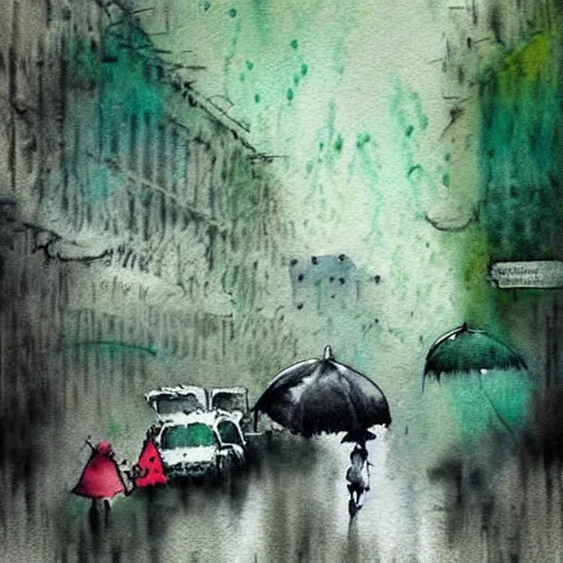 Prompt: pen and paper with watercolor matte art painting of a beautiful green park in the middle of a modern old town city by banksy, carne griffiths and monet. Street photography. rainy day.