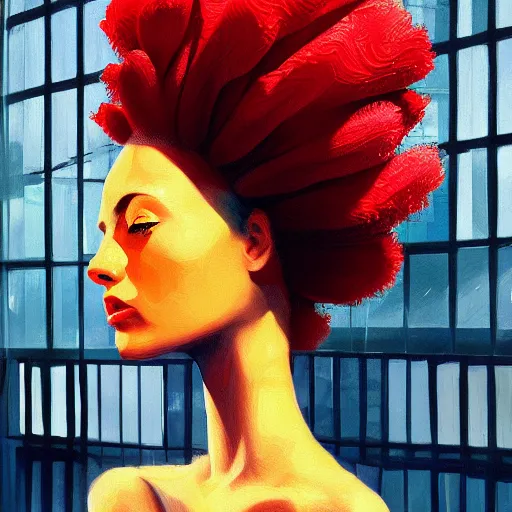 Image similar to closeup, giant flower head, woman next to modern windows, luxury apartment, surreal photography, dramatic light, impressionist painting, digital painting, artstation, james gilleard