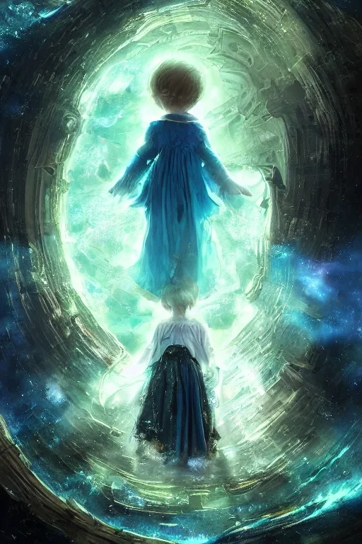 Image similar to a fancy portrait of a small celestial child in a blue and green portal to another dimension by greg rutkowski, sung choi, mitchell mohrhauser, maciej kuciara, johnson ting, maxim verehin, peter konig, bloodborne, 8 k photorealistic, cinematic lighting, hd, high details, dramatic, dark atmosphere, trending on artstation