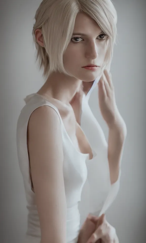 Image similar to photo of gorgeous seductive tall emily skinner cosplaying annie leonhart wearing elegant white dress, wearing open toe heels, in a white room, beautiful face, pale skin, rule of thirds, cinematic lighting, sharp focus, backlit, stunning, smooth, hard focus, full body shot, studio photo, shot on sony a 7 iii