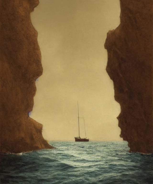 Prompt: photorealistic sepia painting of a 1 9 2 5 bay boat sailing in front of a tropical island cliff with the mouth of a grotto at the waterline, dark, brooding, atmospheric, lovecraft, by dave dorman