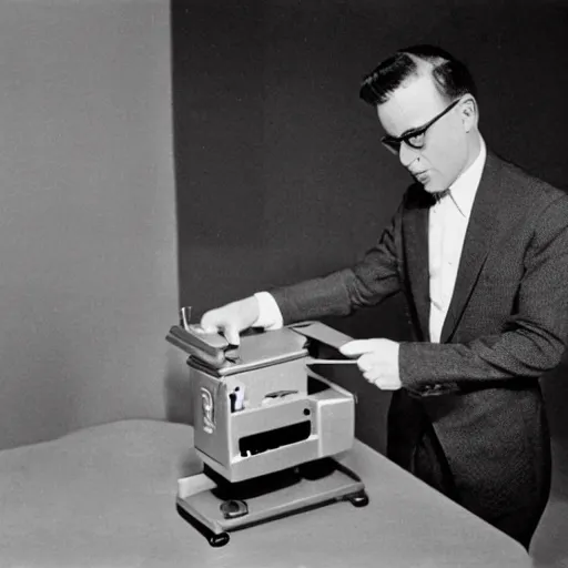 Image similar to old style reel projector with a body in a suit, 1964 photograph, colorized