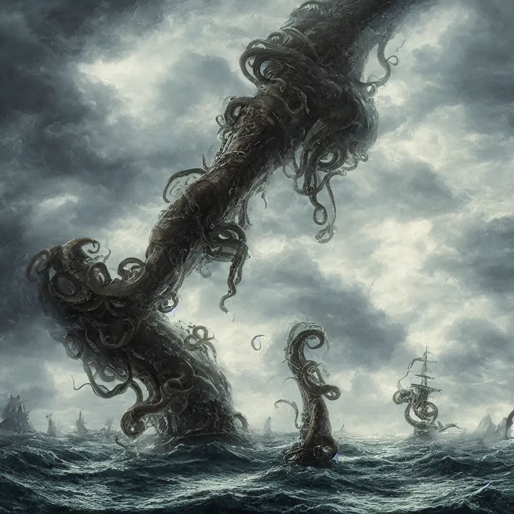 Prompt: A giant tentacle monster attacks a pirate ship at the edge of the world under a heavy rainstorm, 4k detailed digital art