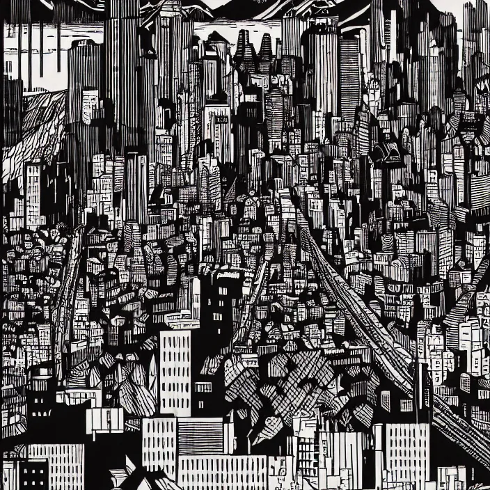 Image similar to cityscape surrounded by mountains by dan mumford and peter doig and edward hopper, symmetrical, minimal, black ink, thick lines highly detailed, muted colours 8 k