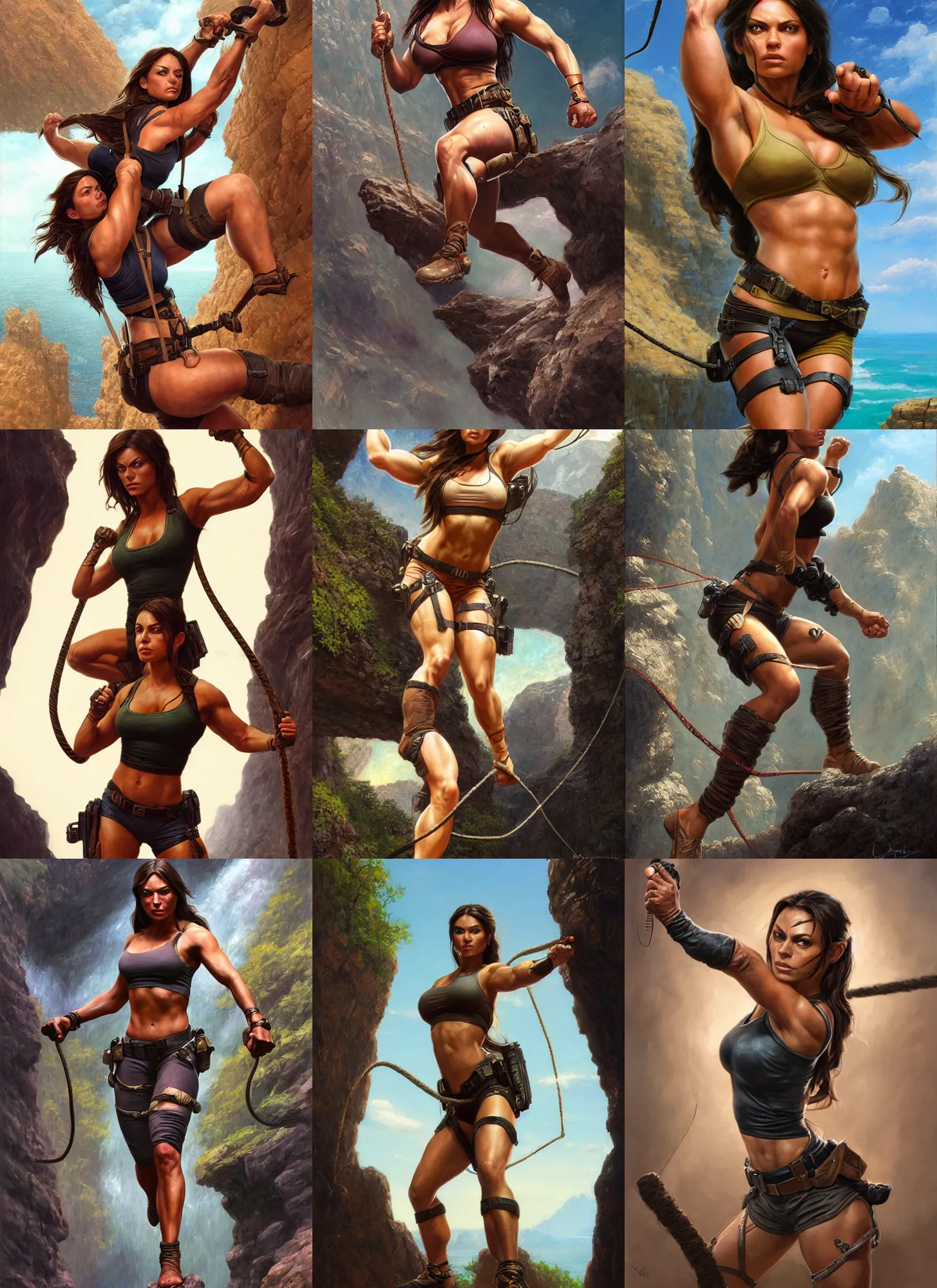 Image similar to portrait of very muscled Mila Kunis as Lara Croft balance walking a tight rope over deep chasm, elegant, highly detailed, centered, digital painting, artstation, artgerm, donato giancola, Joseph Christian Leyendecker, WLOP, Boris Vallejo, Artgerm