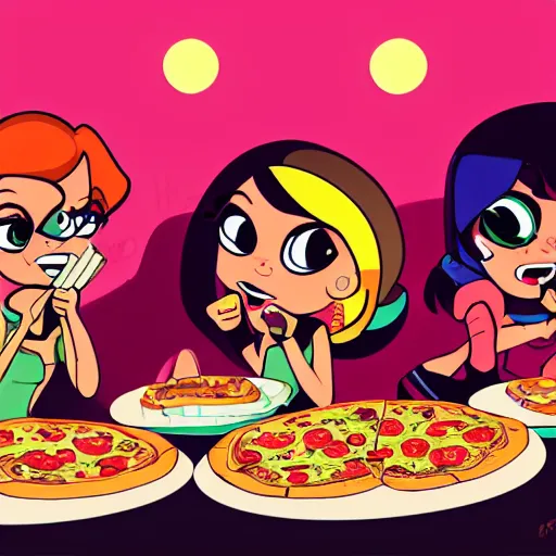 Prompt: powerpuff girls eating pizza, highly detailed, epic lighting, hyper photorealism, 8 k