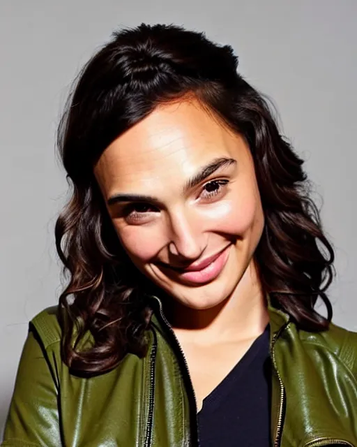 Prompt: headshot of a smiling, gal gadot, she is wearing a leather bomber cap on her head, she is also wearing an a 2 flight jacket, a long green wool scarf is wrapped around her neck