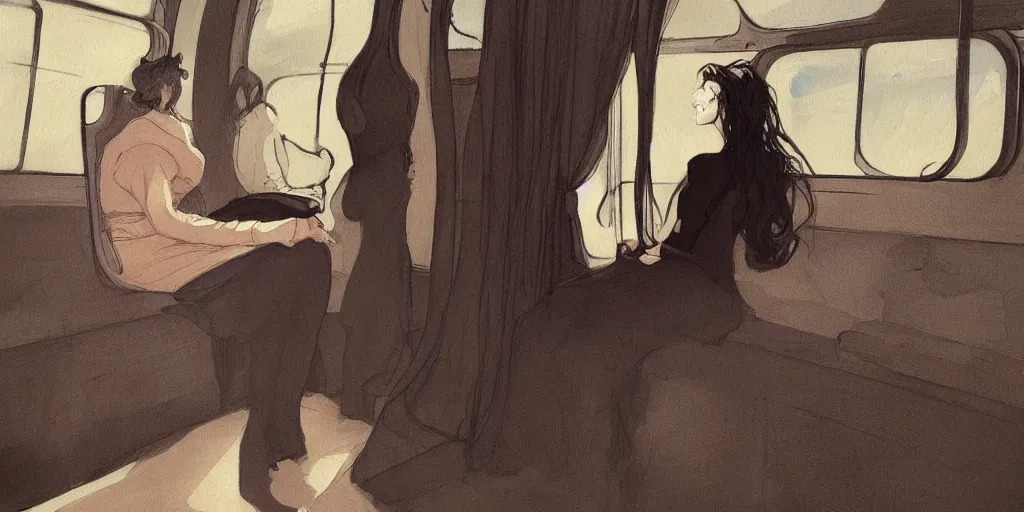 Image similar to a beautiful painting of a sad woman on a train by abigail larson, trending on artstation