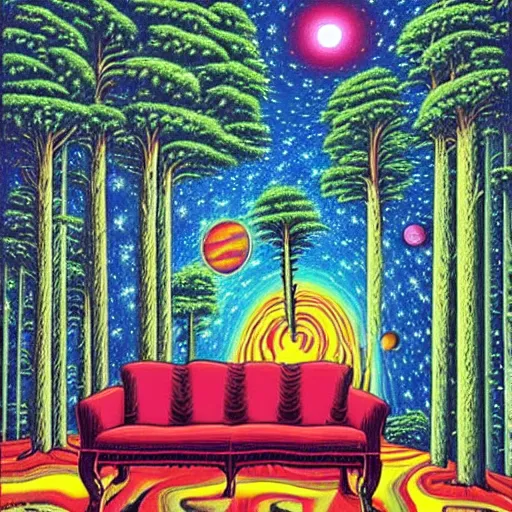 Prompt: psychedelic trippy couch pine forest, planets, milky way, sofa, cartoon by rob gonsalves pine