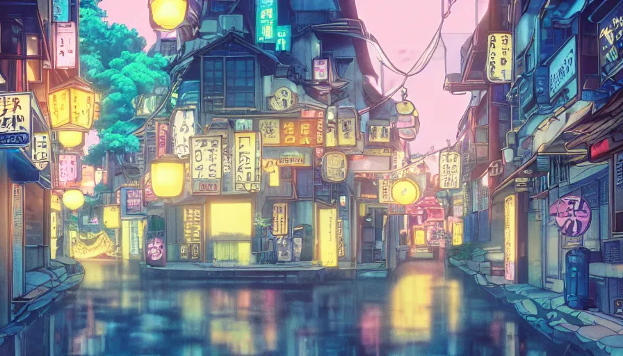 Image similar to A film still from a 1990s Sailor Moon cartoon featuring a moody street in Japan with a waterfall and lanterns, lofi aesthetic, golden hour, cinematic look, film grain, high detail, high resolution, 8k