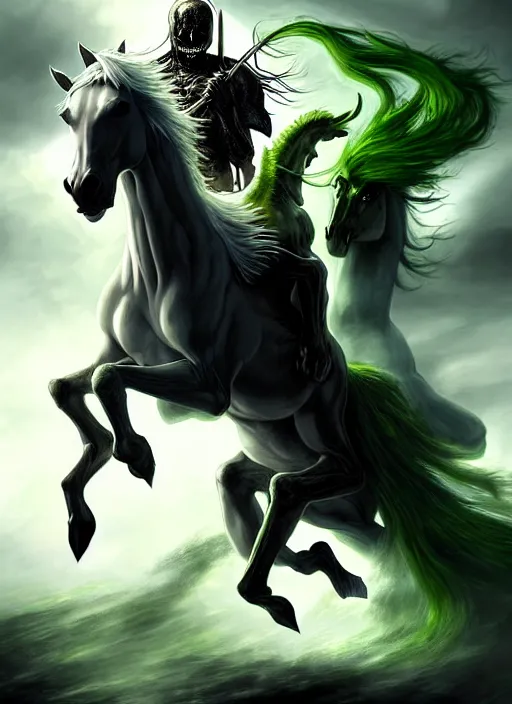 Image similar to the singular horseman of the apocalypse is riding a strong fierce ferocious rabid undead green stallion, horse is up on its hind legs, the strong male rider is death with a scithe, beautiful artwork by artgerm and rutkowski, breathtaking, dramatic, full view