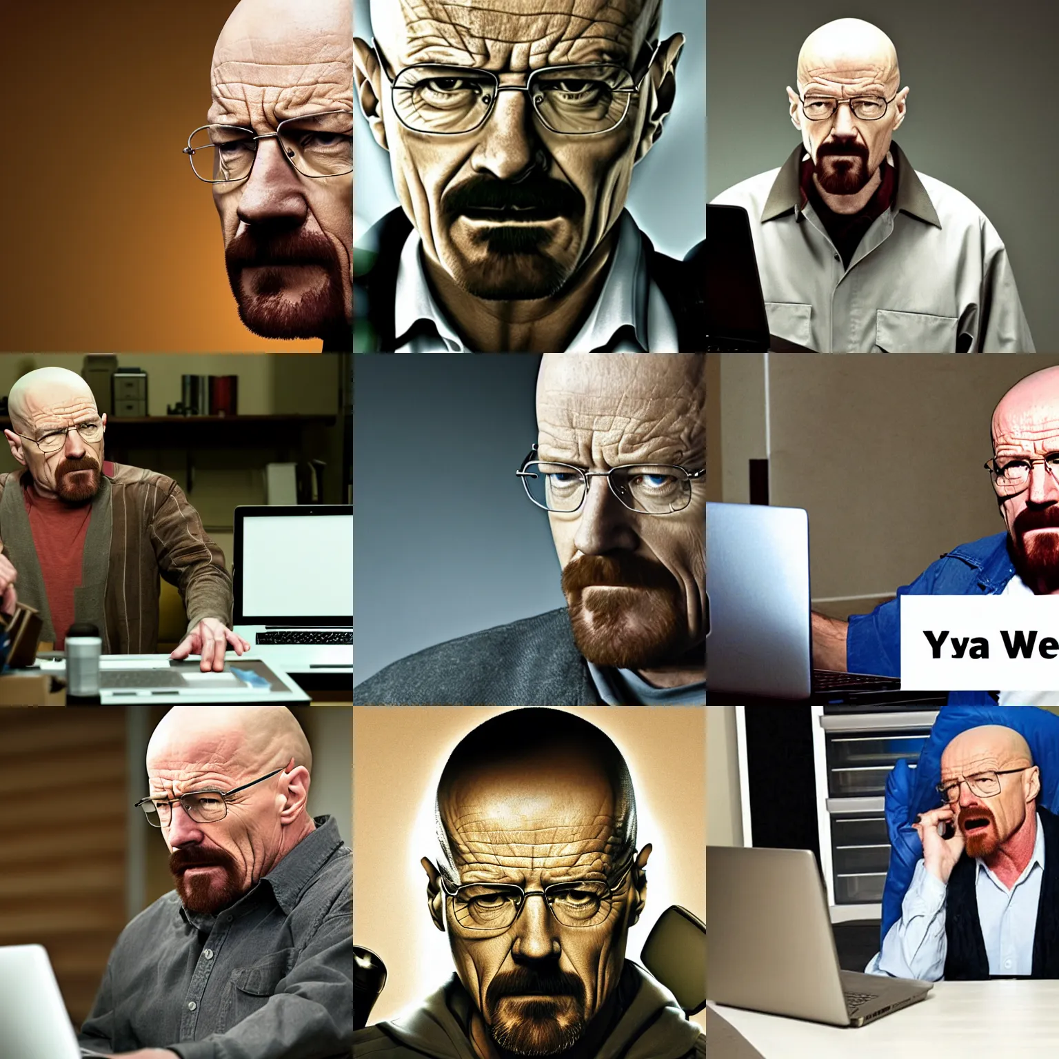 Prompt: walter white from breaking bad is angry and yells at his laptop screen