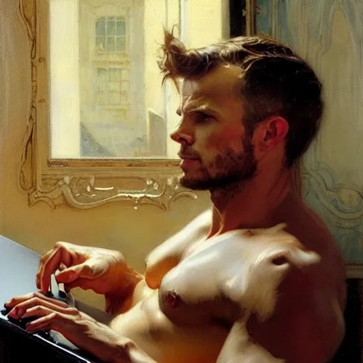 Prompt: cam gigandet types on his laptop, painting by gaston bussiere, craig mullins, j. c. leyendecker, tom of finland