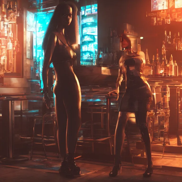 Image similar to cyberpunk woman is standing near the bar by Dylan Kowalski, photorealism, elegant woman, render, unreal engine, 3d art