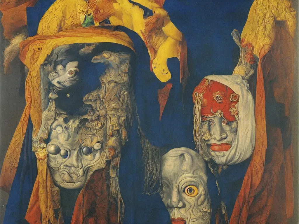 Image similar to Portrait of albino mystic with blue eyes, with beautiful exotic Tibetan shamanic death mask. Painting by Jan van Eyck, Audubon, Rene Magritte, Agnes Pelton, Max Ernst, Walton Ford