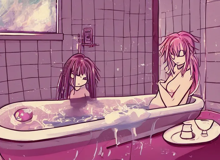 Image similar to girl in bathtub, bathroom, boring, anime, 1 9 9 0 s, retro style, aesthetic, chill, room