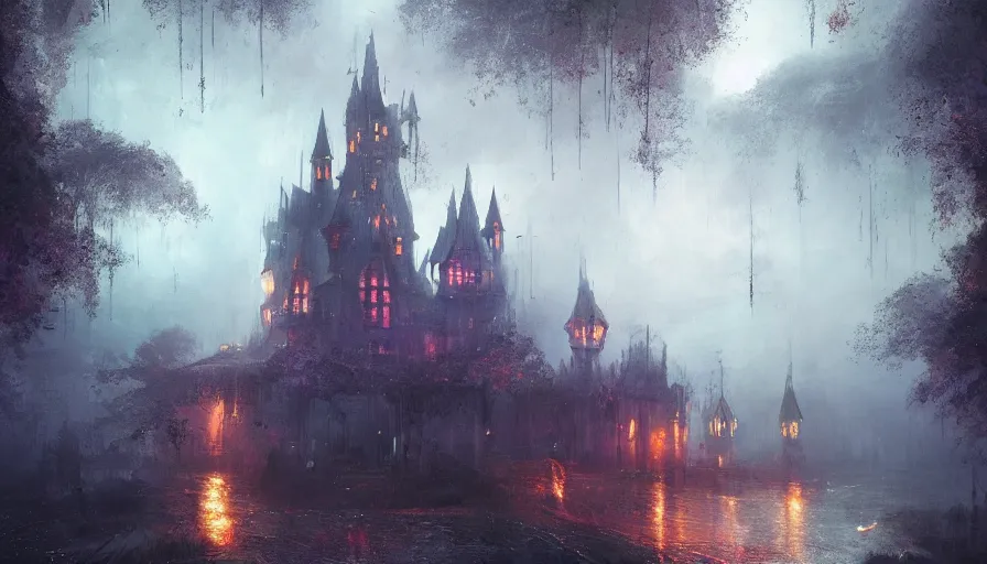 Prompt: stormy night, created by jan urschel and sylvain sarrailh, in the misty moonlight and mysterious fantasy forest, a huge fairy magic school castle, castle, many fireflies, shimmering effect, magnificent color matching, realistic matte painting, cherry, western magic forest, trending on artstation