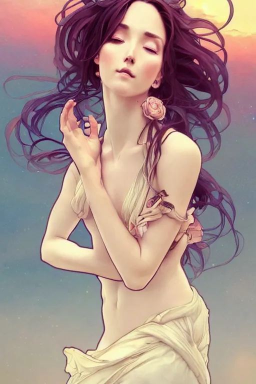 Image similar to full body falling through the sunset sky windy hair zero gravity floating seductive meditation goddess in the style of artgerm, wlop, greg rutkowski, alphonse mucha and ayami kojima, realistic details, volumetric lighting, very very very very beautiful symmetrical face, trending on artstation, artstationhd, artstationhq, unreal engine, 4 k, 8 k