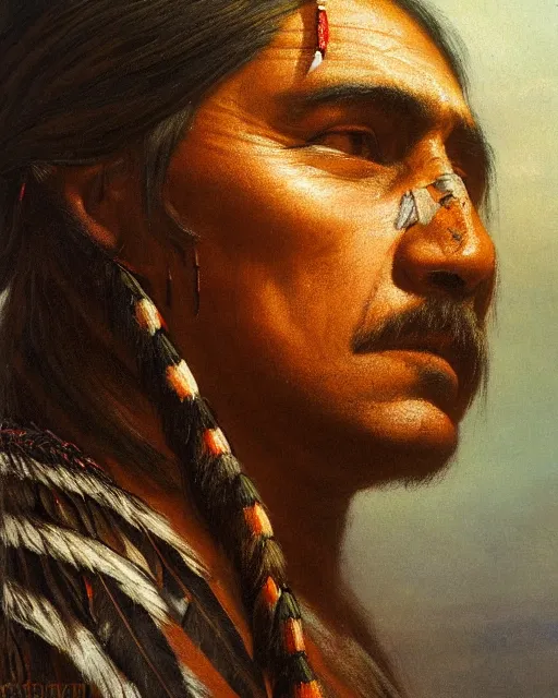 Prompt: a head and shoulder painting of an American native Apache warrior with an eagle feather in his braided hair with a rugged New Mexico background, in the style of Albert Bierstadt, insanely detailed, extremely moody lighting, glowing light and shadow, atmospheric