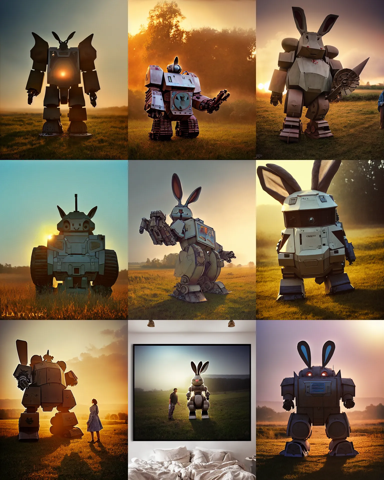 Prompt: giant oversized chubby battle armored rabbit robot mech, with big rabbit ears ,on a sunrise rural village , Cinematic focus, Polaroid photo, vintage, neutral colors, soft lights, foggy, panorama by Steve Hanks, by Serov Valentin, by lisa yuskavage, by Andrei Tarkovsky