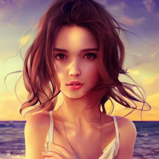 Prompt: portrait of beautiful woman on the beach, brown eyes!!!!!!!!!!, sunset, highly detailed!!!!!!!!, bokeh!!!!!!!, trending on art station, digital painting by wlop!!!!!!!!!, rossdraws, artgerm.