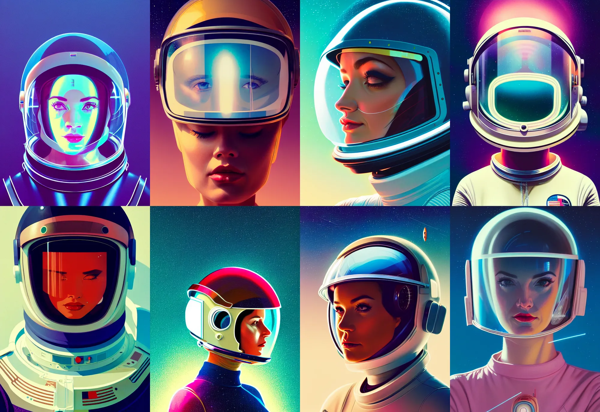 Prompt: retrofuturistic portrait of a woman in astronaut helmet, smooth transparent visor, reflective gradient, intricate space graphics in background, close up, quint buchholz, wlop, dan mumford, artgerm, liam brazier, peter mohrbacher, raw, featured on artstation, octane render, cinematic, elegant, intricate, 8 k